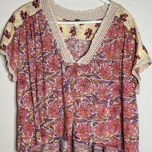 Free People Boho Floral Lace-Trim Top Peasant cottage Boho Romantic